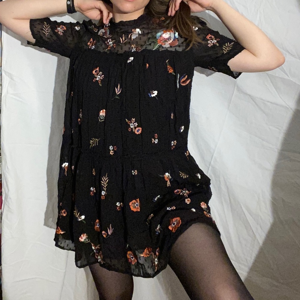 Zara Women Embroidered Dotted mesh Dress